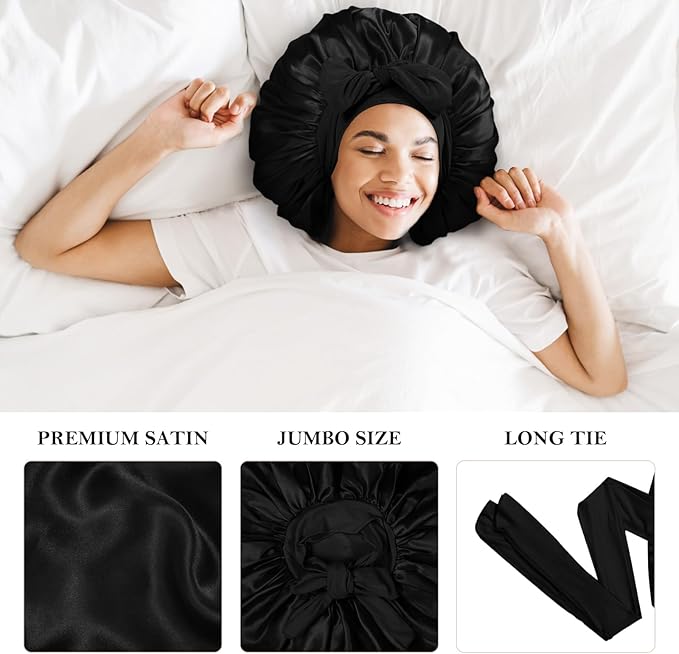3Pcs Bonnets for Sleeping, Extra Satin Silk Bonnet for Sleeping Women with Tie Band for Curly Hair Jumbo Bonnet Braids