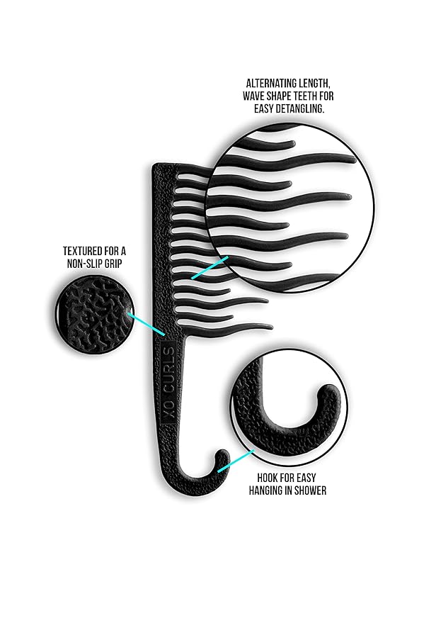 XO Curls Shower detangling hair comb, Wide tooth comb, Comb with hook for easy hanging in shower, Gentle on Scalp, Hair comb for with curly & wavy hair