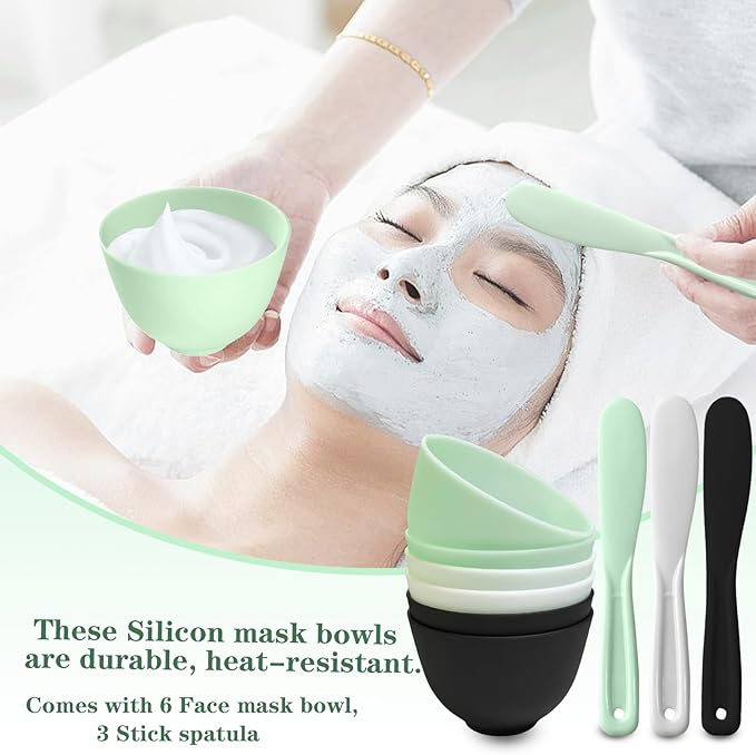 9Pcs Face Mask Mixing Bowl Set DIY Silicone Facial Mask Bowl for Home Salon Spa Face Skin Applicator Bowl with Stir Sticks, Black,White,Green