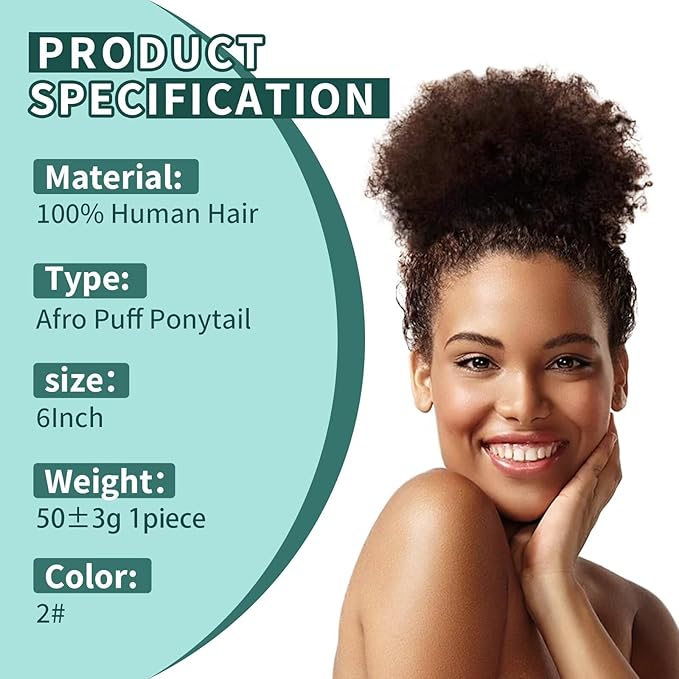 Afro Puff Clip On Human hair Drawstring Ponytail for Black Women,Ponytail Extension 6 Inch #2 Dark Brown 50g Short Afro Kinkys Curly Afro Bun Extension Hairpiece