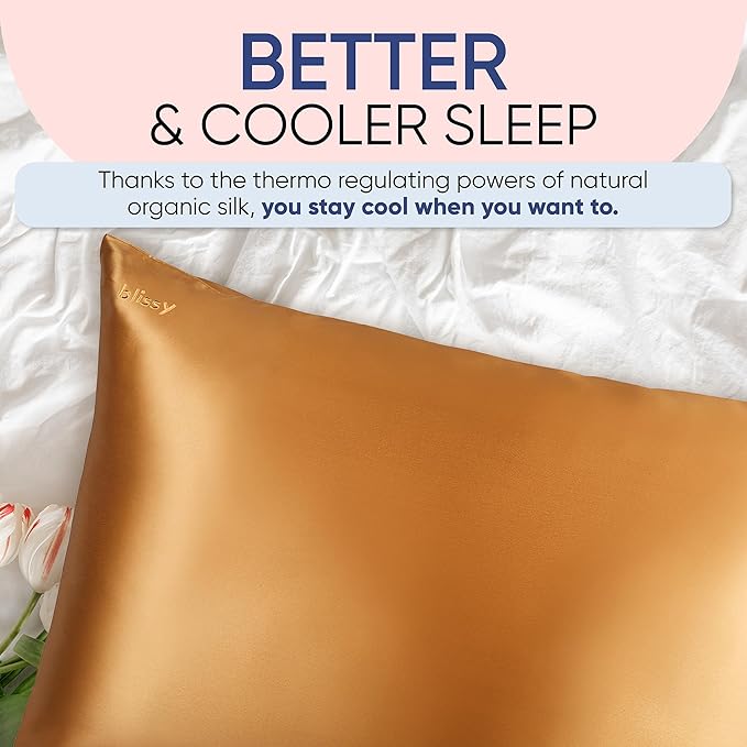 Blissy Silk Pillowcase - 100% Pure Mulberry Silk - 22 Momme 6A High-Grade Fibers - Silk Pillow Cover for Hair & Skin - Regular, Queen & King (Gold, King)