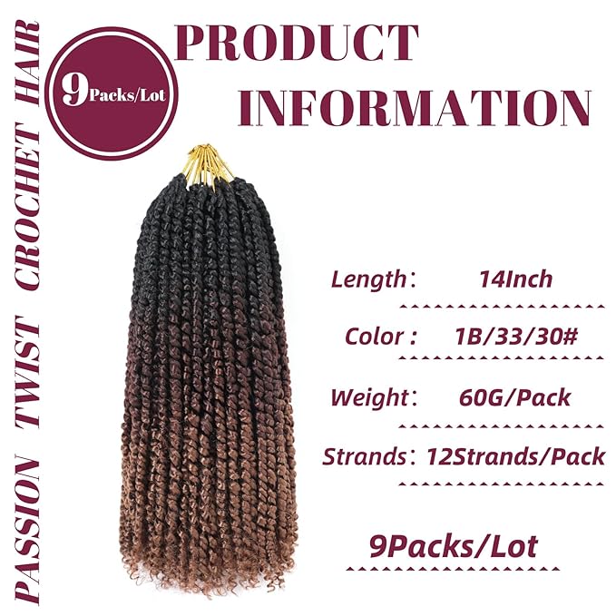 9 Packs Pre-Twisted Passion Twist Crochet Hair,14 Inch Ombre Crochet Twists Pre Looped Short Passion Twist Crochet Braiding Hair Extensions for Women(14 Inch,T1B/33/30#)