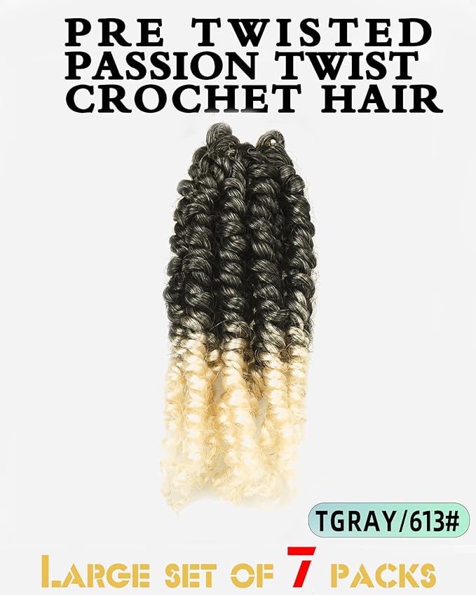 Super Short Passion Twist Crochet Hair for Black Women and Kids-6 Inch 7 Packs Ombre Gray to Blonde Pre Looped Pre-twisted Passion Twist Hair,Bob Spring Kinky Twist Bohemian Curl(6"-7P,TGray/613)