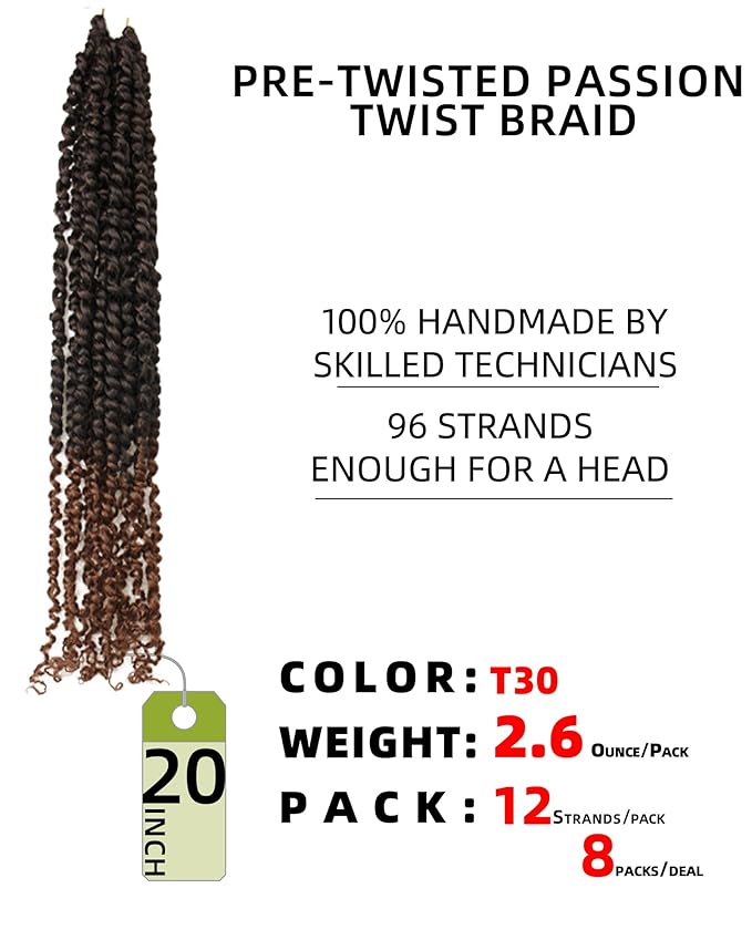 20 Inches 8 Packs Pre Looped Passion Twist Crochet Hair for Black Women-Ombre Brown,Super Long Hair Extensions Braided by Synthetic Spring Kinky Twist Curls Ends(20"-8 Packs,T30)
