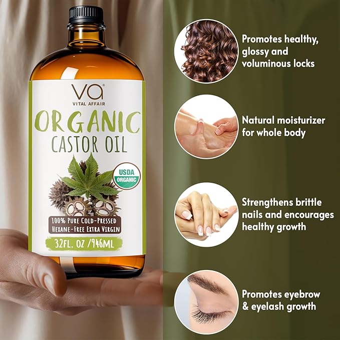 VITAL AFFAIR Pure Organic Castor Oil 32oz – Cold Pressed, Unrefined, USDA Organic – Glass Bottle for Hair Growth, Eyelashes, Eyebrows, Face & Castor Oil Packs