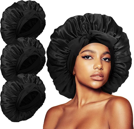 3Pcs Bonnets for Sleeping, Extra Satin Silk Bonnet for Sleeping Women with Tie Band for Curly Hair Jumbo Bonnet Braids