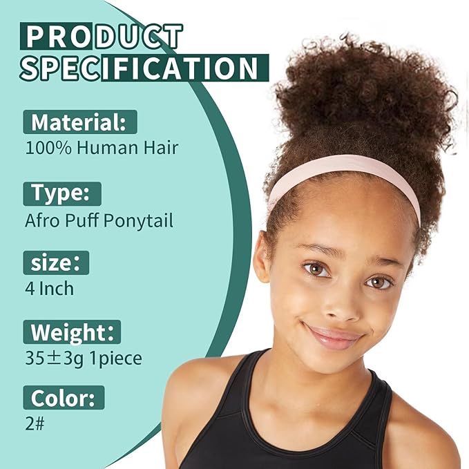 Afro Puff Ponytail for Black Women 100% Human Hair Ponytail Extension Short Updo Hair Buns Small Size Curly Ponytail for Little Girls 2 Clips 4 Inch Dark Brown Color