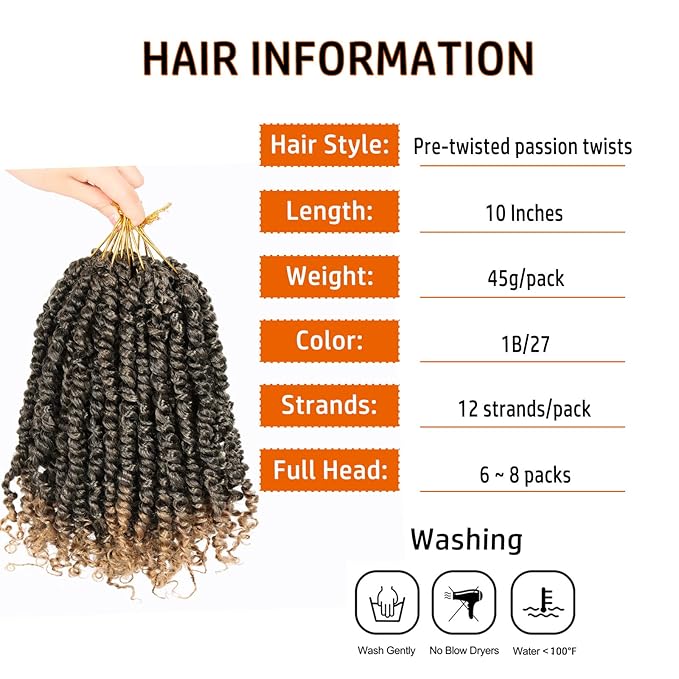 Passion Twist Crochet Hair 10 Inch Pre-twisted Passion Twist Crochet Braids for Women Girls Pre-looped Short Curly Crochet Hair Bohemian Synthetic Hair Extensions 8 packs 1B/27