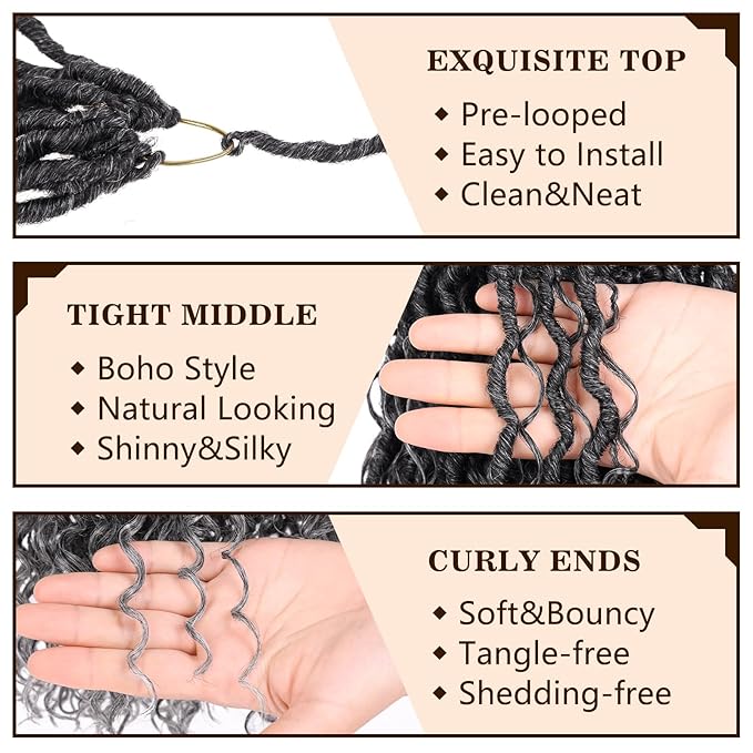 COOKOO 8 Packs Goddess Locs Crochet Braids Hair 14 Inch Pre-curled River Locs Crochet Hair Goddess Faux Locs Wavy Crochet Hair for Women Pre Looped Bohemian Locs Crochet Hair Extensions Tgrey#