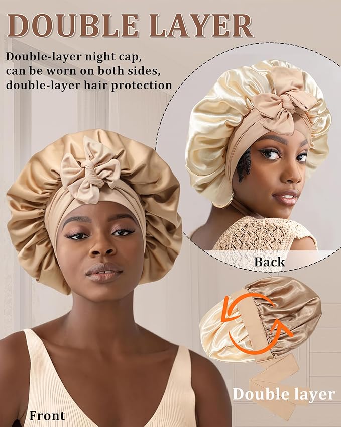 Reversible Satin Bonnet for Sleeping Women Double Layer Hair Bonnet with 2PCS Hair Scrunchies Elastic Tie Band Night Cap
