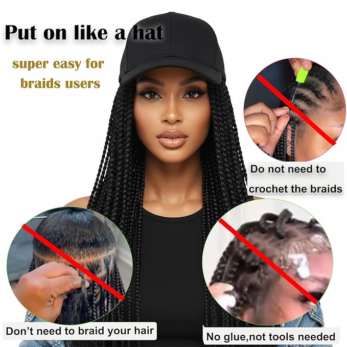 Hat Wig for Women Baseball Cap with Braided Hair Attached Synthetic Box Braid Wig Hat Adjustable Black Cap with Black Braids for Daily Outdoor Use