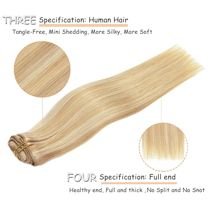 Caliee 14Inch Clip in Hair Extensions Human Hair for Women Double Weft Lace Highlight P12-60A Light Golden Brown Mixed Platinum Blonde Real Hair Clip in Hair Extensions 7PCS 120G