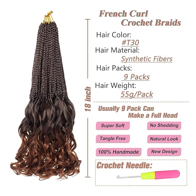 9 Packs French Curl Crochet Braids 18 Inch Ombre Brown Pre Looped Bohemian Goddess Box Braids Crochet Hair Synthetic French Curly Braiding Hair for Women