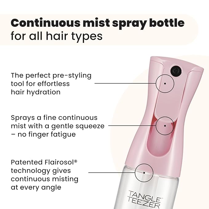 TANGLE TEEZER Travel-Size Fine Mist Continuous Spray Bottle, Reusable and Refillable, for Hair Detangling and Styling, 6.1 oz, Millennial Pink