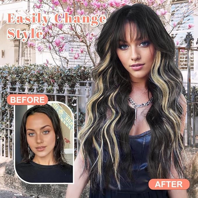 ALXNAN Clip in Hair Extensions for Women, Black Mix Blonde Long Wavy Hair Extensions Clip Ins 4PCS 20 Inch Synthetic Soft and Natural Thick Hair Pieces for Women