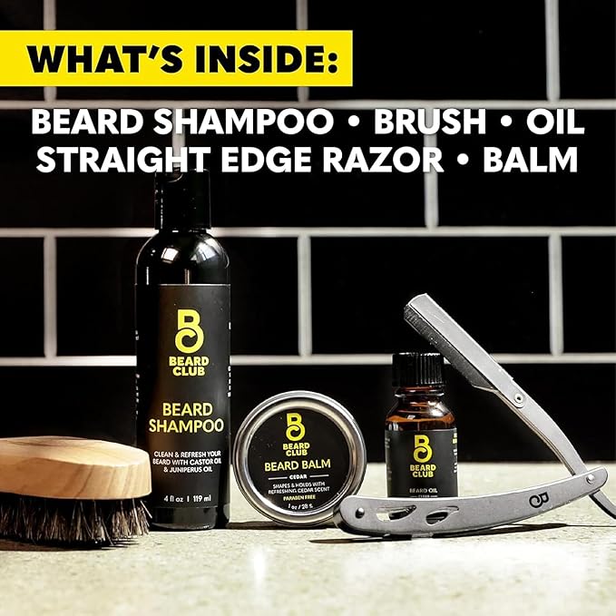 The Beard Club Beard Care Kit & Mens Grooming Kit - Essentials for a Healthier Looking, Stylish Facial Hair - Straight Edge Razor, Shampoo, Cedar Balm & Oil, and Boar Bristle Brush