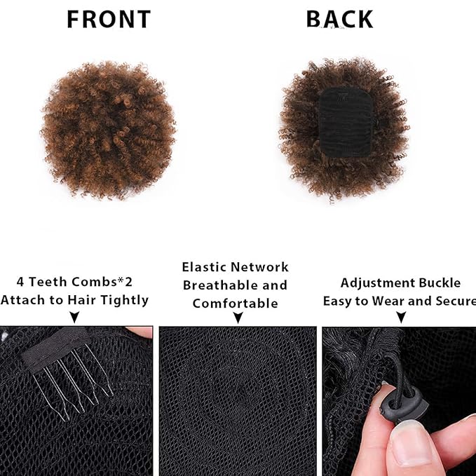 Afro Puff kinky curly Drawstring Ponytail Extension for Black Women Synthetic Short Afro Kinkys Curly Afro Bun Extension Hairpieces Updo Hair Extensions with Two Clips(T30#)