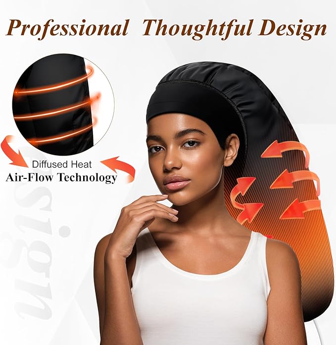 Heated Cap for Deep Conditioning: Upgraded Extra Large 10-Level Fast Heating 3 Time Settings Hair Steamer Cap for Natural Black Hair Portable Thermal Steam Cap for Home Hair Treatment - Deep Black
