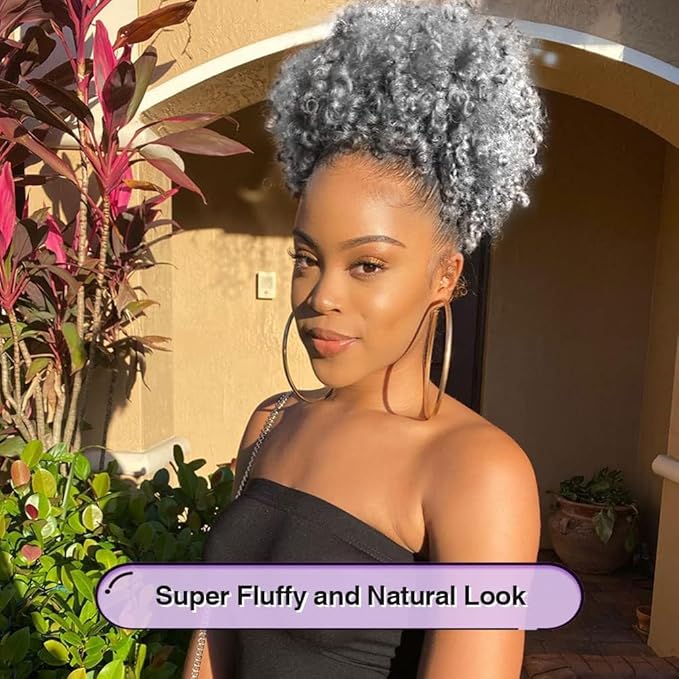 YEAME Afro Puff Drawstring Ponytail for Black Women, Premium Ombre Gray Afro Bun Drawstring Ponytail for Women Girls (1BT0906 Ombre Gray)