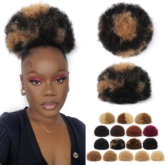 Afro Puff Ponytail for Black Women #H1-30 Black mix Copper Red 100% Human Hair Durable Natural Soft and Smooth Clip On Drawstring Ponytail