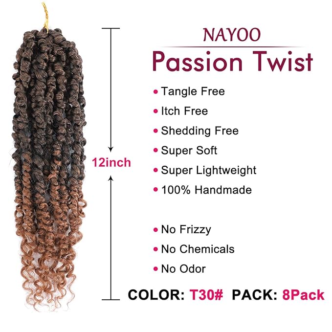 Passion Twist Hair - 8 Packs 12 Inch Passion Twist Crochet Hair For Women, Crochet Pretwisted Curly Hair Passion Twists Synthetic Braiding Hair Extensions (12 Inch 8 Packs, T30)