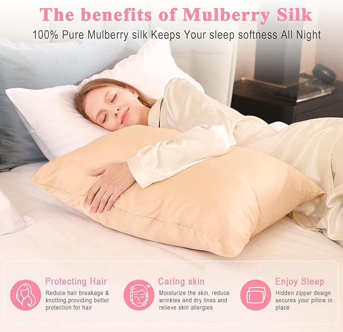 100% Pure Silk Pillowcase 2 Pack for Hair and Skin, Both Sides 23 Momme Grade 6A+ Mulberry Silk Pillowcases with Hidden Zipper, Soft&Smooth Cooling Pillow Cases (Champagne, King 20x36)