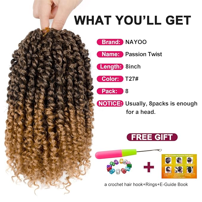 Passion Twist Hair For Kids - 8 Packs 8 Inch Passion Twist Crochet Hair For Black Women, Crochet Pretwisted Curly Hair Passion Twists Synthetic Braiding Hair Extensions(8 Inch 8 Packs, T27)
