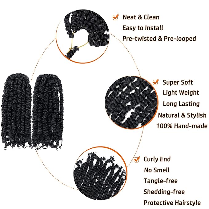 Passion Twist Hair 10 Inch Pre-twisted Passion Twist Crochet Hair for Women Girls Pre-looped Crochet Braids Bohemian Short Curly Crochet Hair Synthetic Hair Extensions 8 packs 1B
