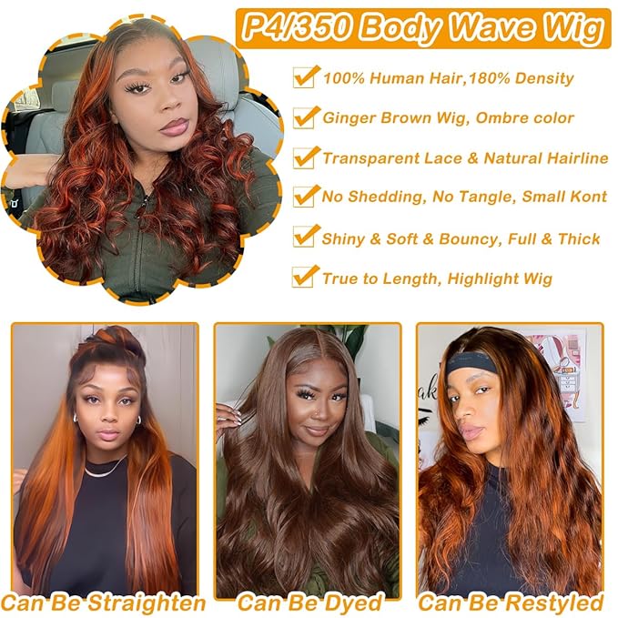 Ginger Highlight Body Wave Lace Front Wigs Human Hair 13x4 Ombre Brown HD Transparent Lace Front Wig Human Hair for Women P4/350 Highlight Ombre 180% Density Glueless Wig 26Inch