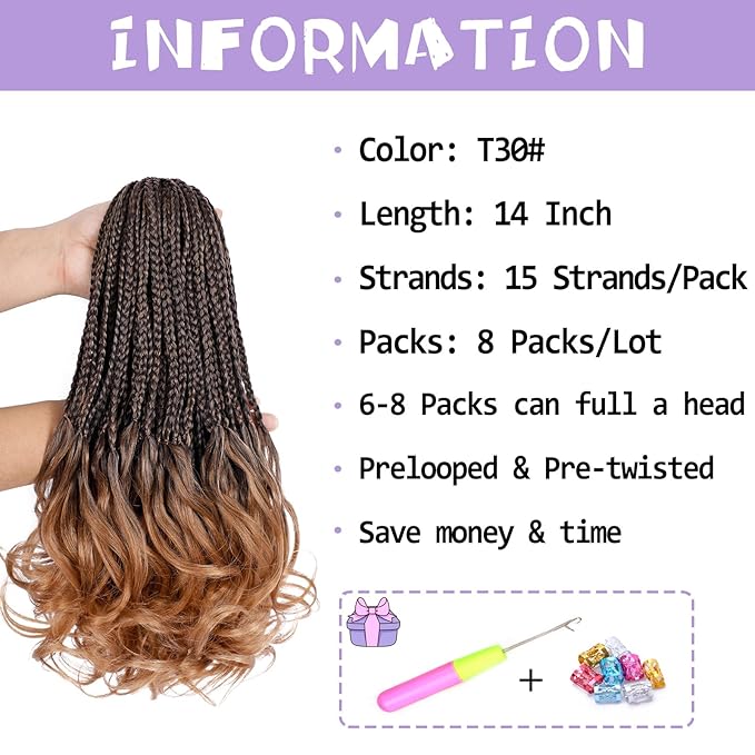 French Curl Crochet Braids 14 Inch 8 Packs Goddess Box Braids Crochet Hair for Women Pre Looped Crochet Box Braid with Curly Ends Synthetic French Curly Braiding Hair Extensions (1B/30)