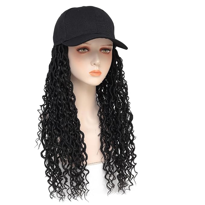 Braided Baseball Cap Wig Faux Locs Curly Braid Hair Extensions with Hat Black Color Synthetic Cap Wig with 18inch Long Locs Braiding Hair wig for Women (18inch 1B)