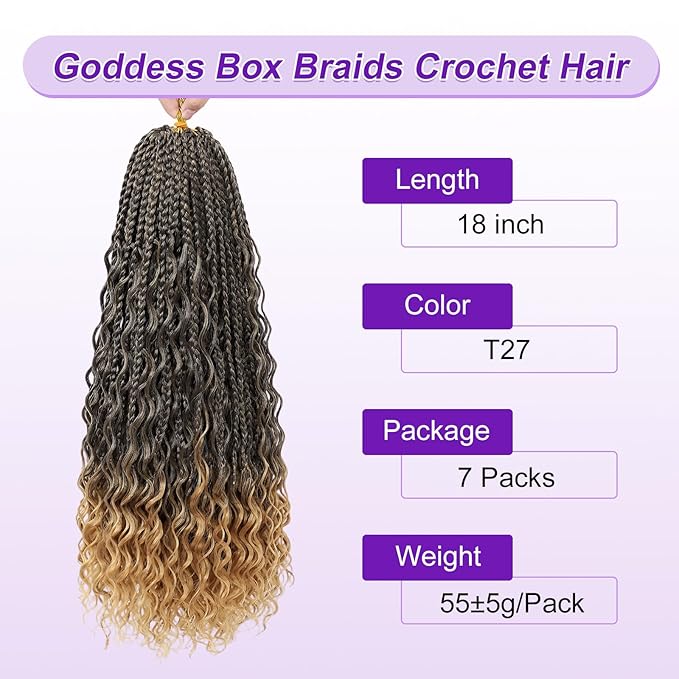 Eacia Goddess Box Braids Crochet Hair 18 Inch 7 Packs Bohemian Goddess Curly Crochet Hair Extensions for Women Pre Looped Box Braids with Curly Ends(18 Inch, T1B/27#)