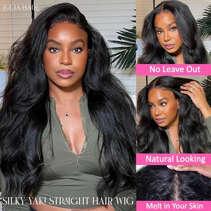 Julia Hair V Part Wig Human Hair Yaki Straight Glueless Wigs for Women 12A Briazilian Remy Hair Upgrade U Part Wig No Glue No Leave Out Beginner Friendly Natural Color 24 Inch Yaki Wig
