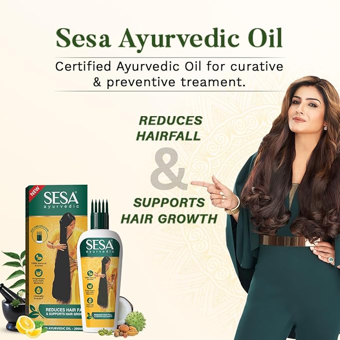SESA Ayurvedic Hair Oil With Bhringraj & 17 Rare Herbs With Coconut Oil and 4 Nourishing Oil For Hair Growth Help Control Hair Fall & Easy Hair Oil Applicator For Women and Men, 6.76 Fl Oz or 200 ml