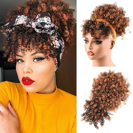 Afro High Puff Hair Bun Drawstring Ponytail With Bangs Short Kinky Curly Pineapple Pony Tail Clip in on Wrap Updo Ponytail Extensions for Black Women