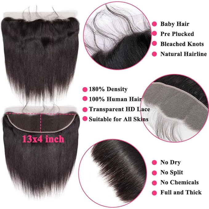 12A Straight Bundles with Frontal Human Hair 18 20 22+16 Inch Brazilian Human Hair Bundles with Frontal 100% Unprocessed Virgin Weave Hair with 13x4 HD Lace Closure