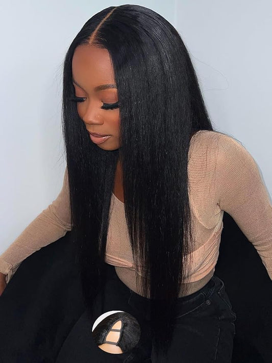 Julia Hair V Part Wig Human Hair Yaki Straight Glueless Wigs for Women 12A Briazilian Remy Hair Upgrade U Part Wig No Glue No Leave Out Beginner Friendly Natural Color 16 Inch Yaki Wig