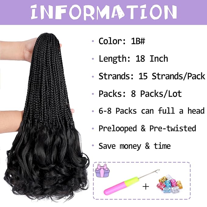 French Curl Crochet Braids 18 Inch Goddess Box Braids Crochet Hair for Women 8 Packs Pre Looped Crochet Box Braid with Curly Ends Synthetic French Curly Braiding Hair Extensions (1B#)