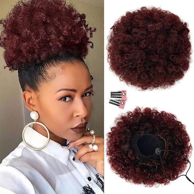 Rosmile Afro Puff Drawstring Ponytail Extension for Black Women - Premium Ombre Red #1T99J 80 Gram Short Synthetic Clip On Kinky Curly Bun for Natural Hair