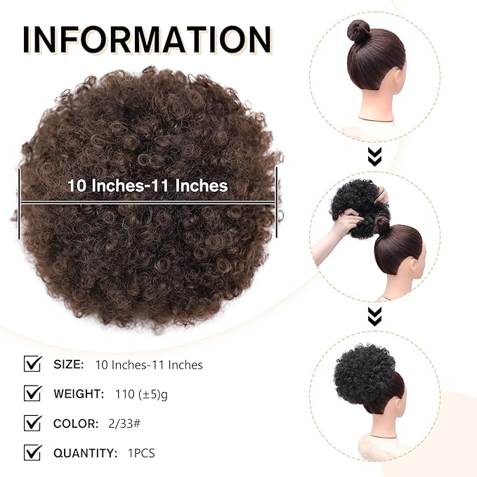 AISI QUEENS Afro Puff Ponytail for Black Women Kinky Curly Afro Ponytail Synthetic Hair Puffs, Deep Brown Afro Bun Drawstring Ponytail for Women Girls(2-33#)