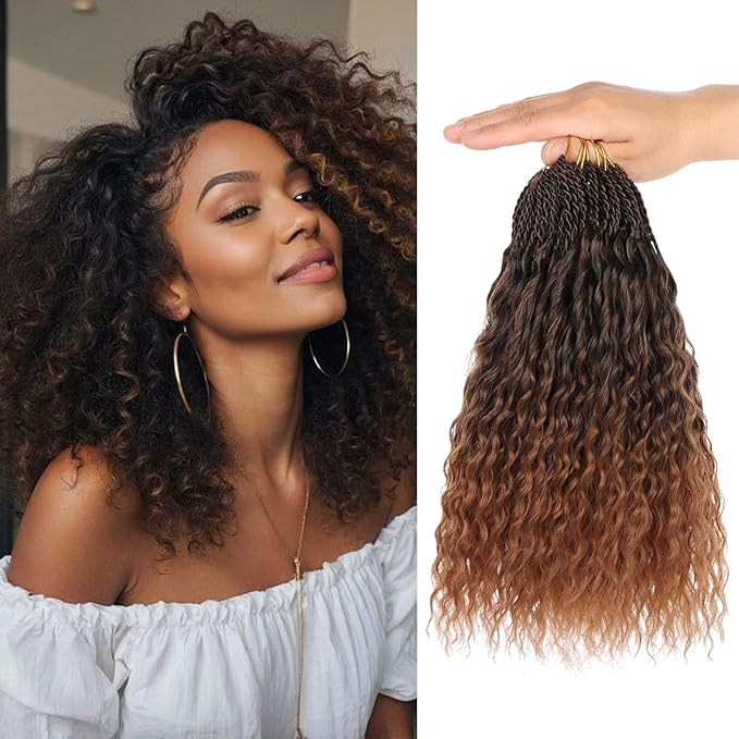 Xtrend 10 Inch Pre Looped Micro Curly Crochet Hair 8 Packs Ombre Brown Brazilian Braids Curly Crochet Hair Extensions Water Wave Synthetic Deep Wave Crochet Hair For Black Women(30Strands/Pack，T30#)