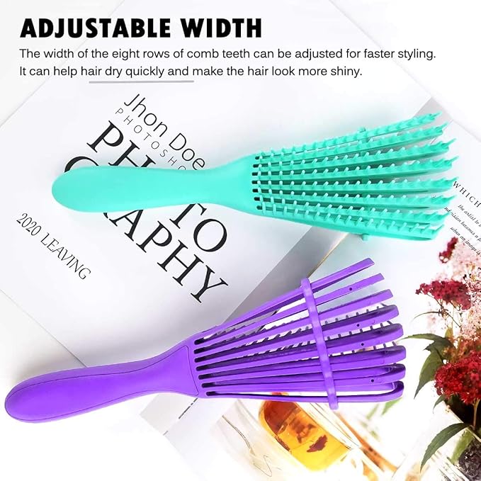 Detangling Brush for Women's Afro American/African 3a to 4c Kinky, Wavy, Curly, Coily Hair - Knots Detangler and Scalp Massage Comb for Wet/Dry/Oil/Thick/Long Hair (2 pcs, Purple-Green)