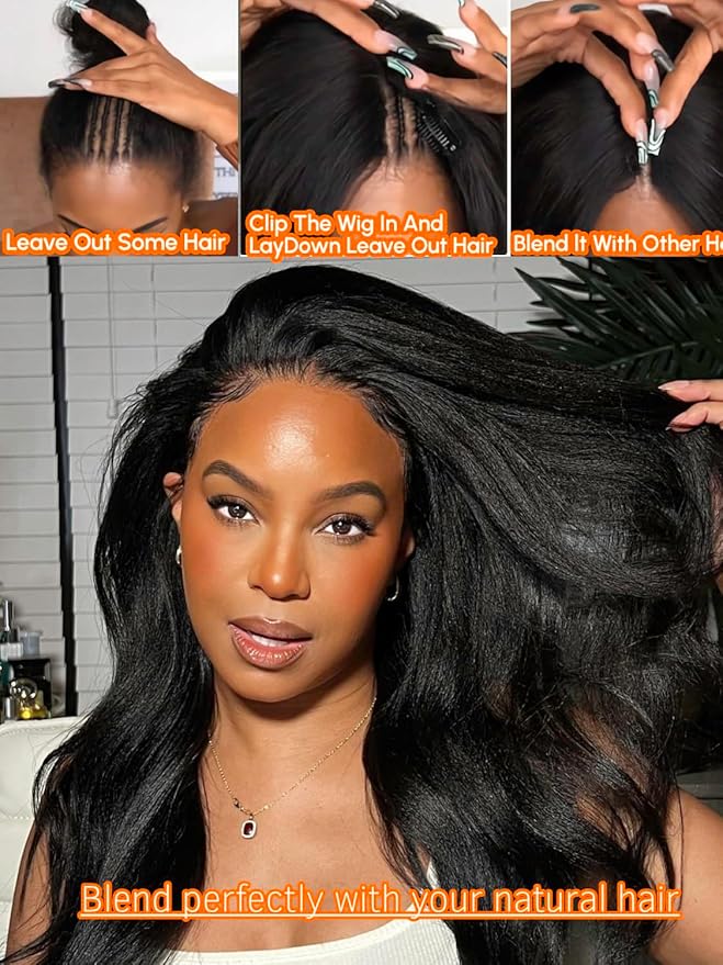 Julia Hair V Part Wig Human Hair Yaki Straight Glueless Wigs for Women 12A Briazilian Remy Hair Upgrade U Part Wig No Glue No Leave Out Beginner Friendly Natural Color 16 Inch Yaki Wig