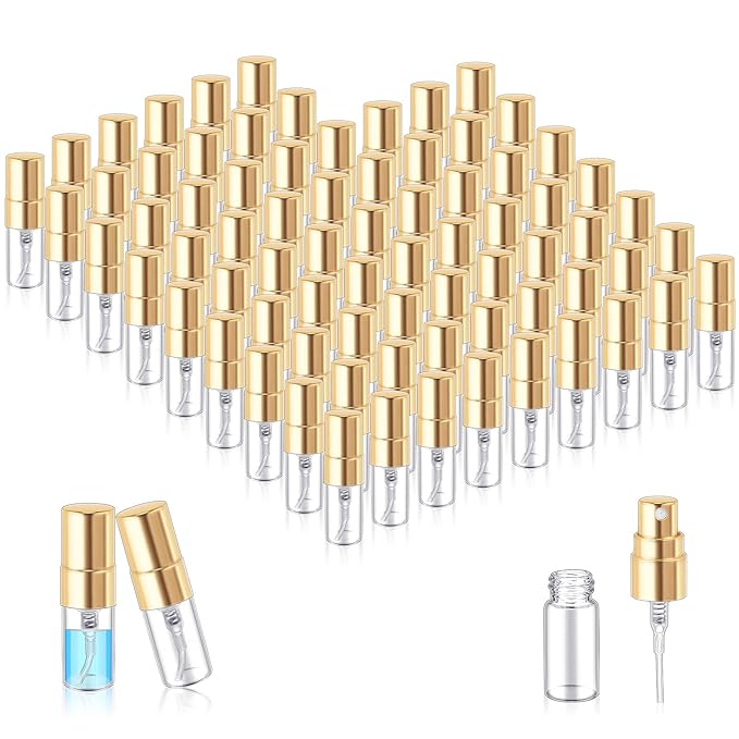 Zhehao 200 Pcs Mini Spray Bottles 2 ml Clear Glass Perfume Bottles Refillable Fine Mist Perfume Atomizer Portable Empty Sample Containers for Cleaning, Essential Oils, Travel (Gold Cap)