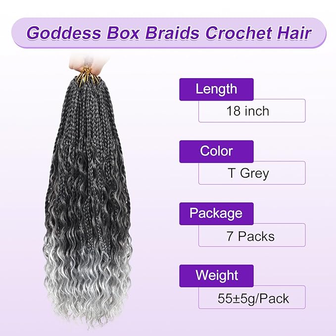 Eacia Goddess Box Braids Crochet Hair 18 Inch 7 Packs Ombre Gray Pre Looped Boho Box Braids Crochet Hair Extensions with Curly Ends(18 Inch, T1B/Gray#)
