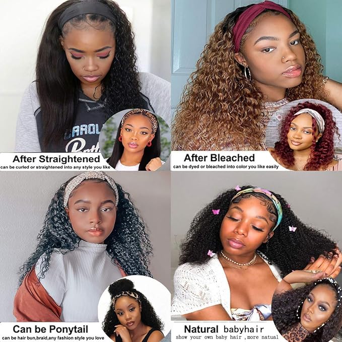 HUman Hair Headband Wigs Glueless Deep Wave None Lace Front Wigs Brazilian Virgin Human Hair for Black Women 150% Density 16inch