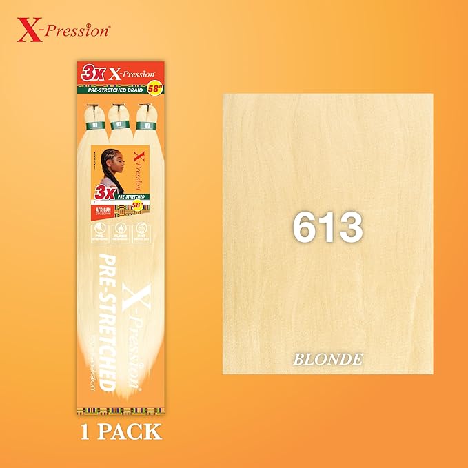 Sensationnel X-pression prestretched braiding hair - 3x braid 58 inch all kanekalon flame retardant synthetic braid for box braids and twists (1 pack, 613 BLONDE)