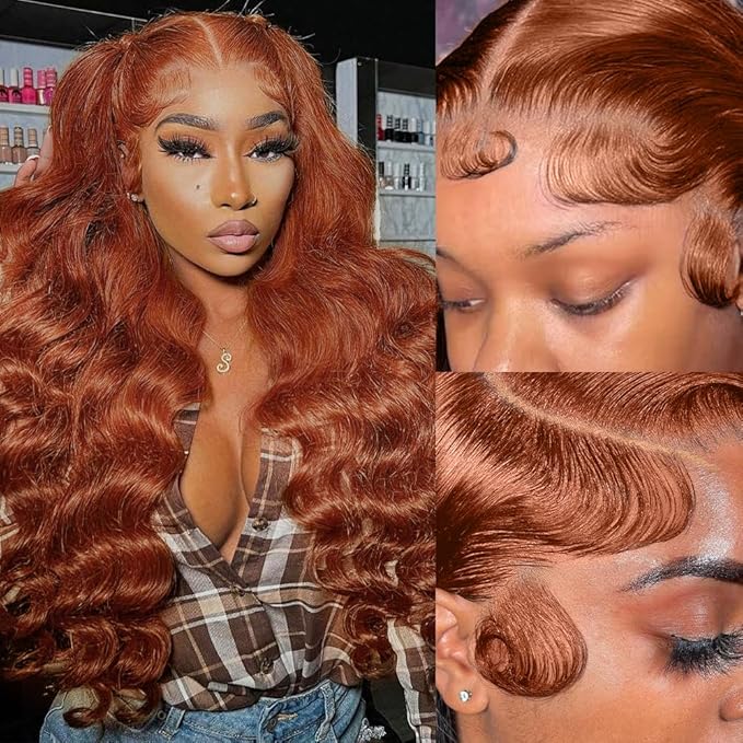 Ginger #33 Colored Lace Front Wigs - 13x6 Reddish Brown Human Hair Pre Plucked Transparent Body Wave Wigs - 36 Inch