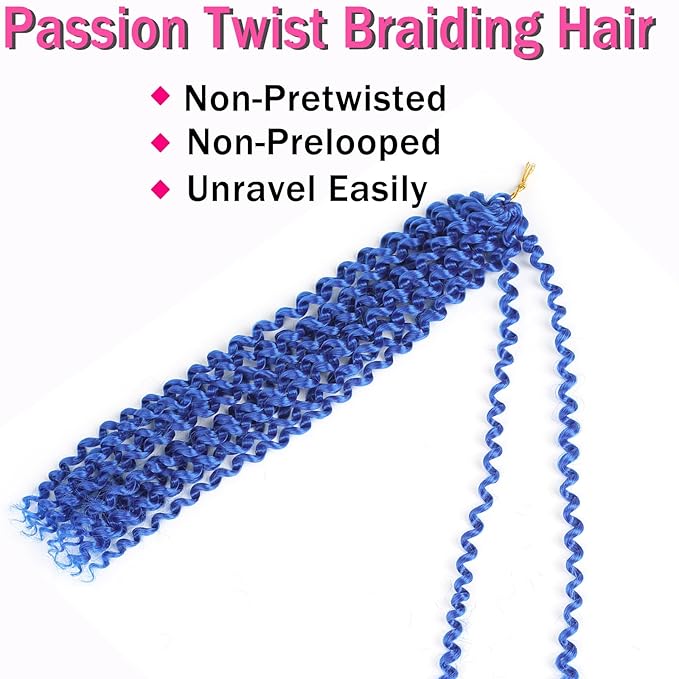 Blue Passion Twist Hair,14 Inch 7 Packs Short Water Wave Crochet Hair Soft Wrap Braiding Hair For Passion Twist Crochet Hair/Butterfly Locs/Spring Twist Crochet Hair Braids (14in,7pcs,blue#)