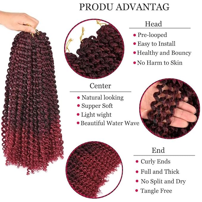 Burgundy Water Wave Crochet Hair 14inch 6 Pack Passion Twist Crochet Hair Synthetic Fiber Braidig Hair(14", T1B/BUG#)